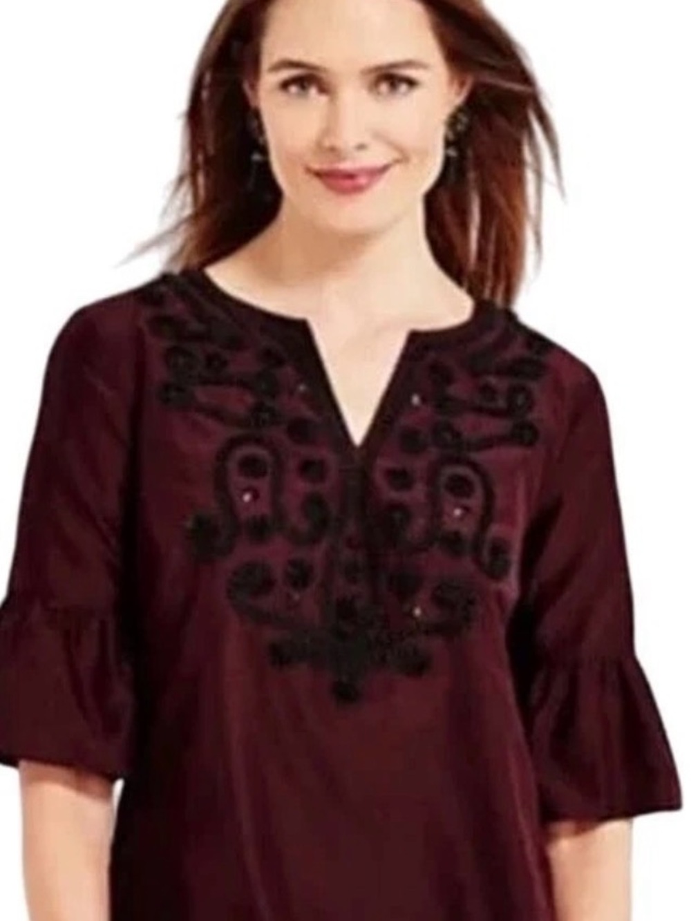 RSVP by Talbots Burgundy Sequins & Ribbon Enbellished Bell Half Sleeve Top SP